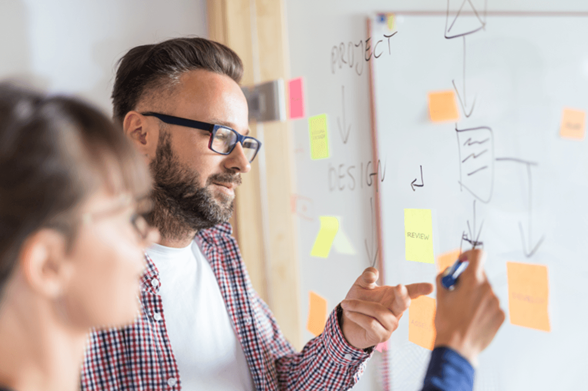 Mies ja nainen suunnittelemassa post-it lapuilla